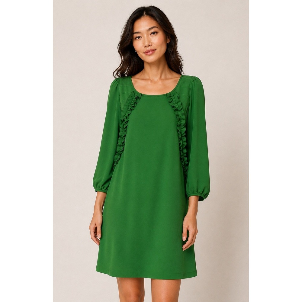 Tibi Silk Shift Dress Women 4 Green Ruffle Pintuck Puff Sleeve Luxury Silky